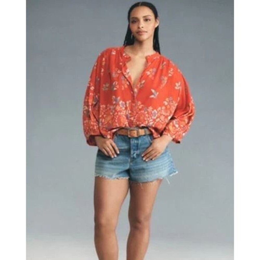 Anthropologie Pilcro Sidney Batwing Blouse Top Floral Button Front Boho Cotton